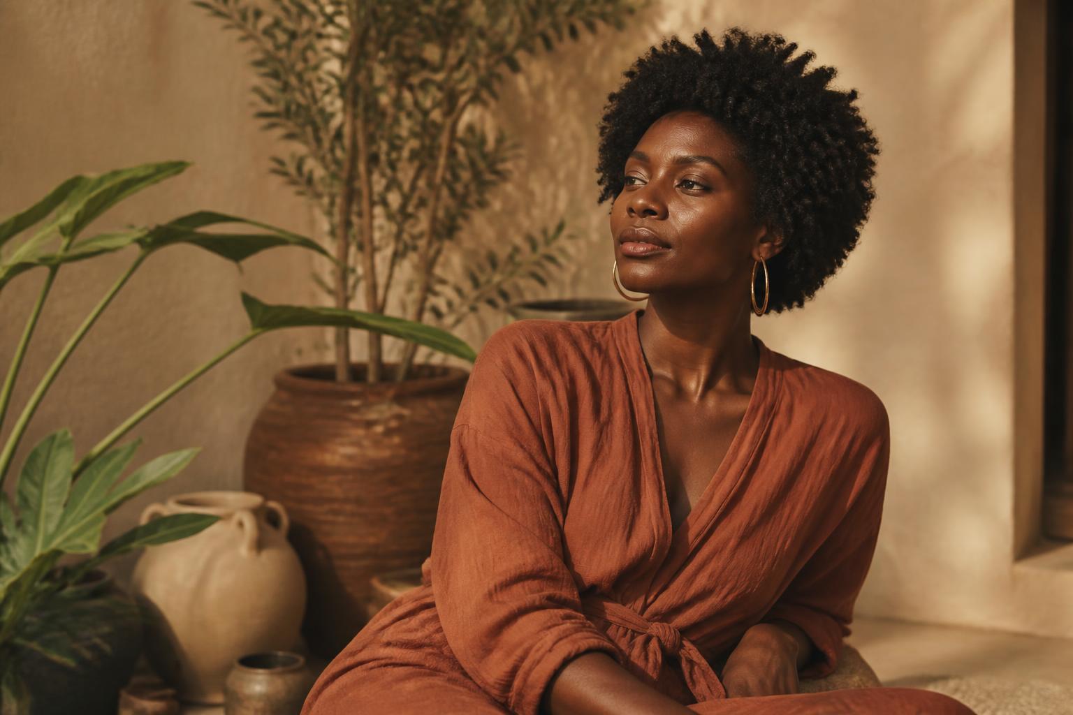 Black founder of Welcome 2 Your Wellness seated in warm window light among clay pots and plants